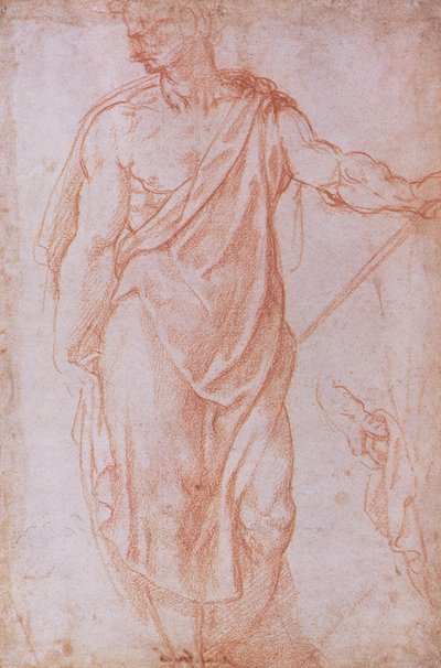 Schizzo di un uomo con un bastone e studio di una mano da Michelangelo Buonarroti